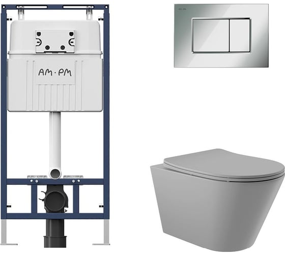 Комплект AM.PM MasterFit инсталляция для подвесного унитаза с клавишей ProC S, хром глянц + Унитаз подвесной 525*360 безободковый, сиденье Soft-Close, серый матовый, форма конус I012710.0251C0130 1