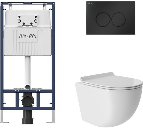 Комплект AM.PM MasterFit инсталляция для подвесного унитаза с клавишей ProC L, мат.черный + Унитаз подвесной 480*360 безободковый, Vortex, сиденье Soft-Close, белый глянцевый, форма овал I012710.0138OV0110 1