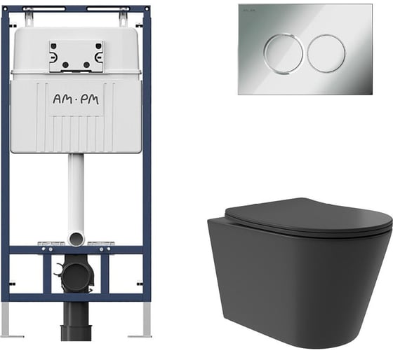 Комплект AM.PM MasterFit инсталляция для подвесного унитаза с клавишей ProC L, хром глянц + Унитаз подвесной Long 520*365 безободковый, Vortex, сиденье Soft-Close, черный матовый, форма конус I012710.0151CV0240 1
