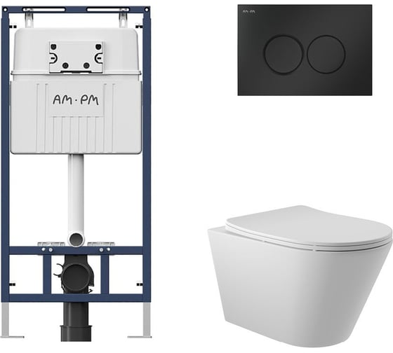 Комплект AM.PM MasterFit инсталляция для подвесного унитаза с клавишей ProC L, мат.черный + Унитаз подвесной 525*360 безободковый, сиденье Soft-Close, белый матовый, форма конус I012710.0138C0120 1