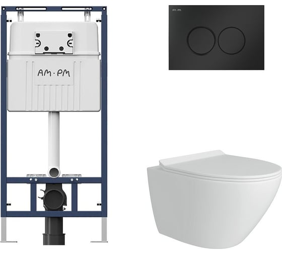 Комплект AM.PM MasterFit инсталляция для подвесного унитаза с клавишей ProC L, мат.черный +  FLUIRE Унитаз подвесной безободковый, быстросъёмное сиденье с микролифтом, белый глян. I012710.0138AL.FLU40106.W 1