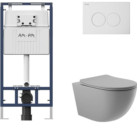 Комплект AM.PM MasterFit инсталляция для подвесного унитаза с клавишей ProC L, бел глянц + Унитаз подвесной 525*360 безободковый, сиденье Soft-Close, серый матовый, форма овал I012710.0101O0130 1