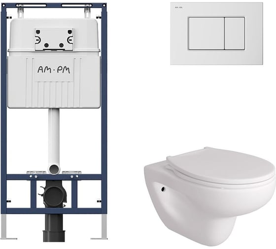 Комплект AM.PM MasterFit инсталляция для подвесного унитаза с клавишей ProC S, бел глянц + FLUIRE 901 Унитаз подвесной безободковый, быстросъёмное сиденье с микролифтом, белый глян. I012710.0201AL.FLU40901.W 1