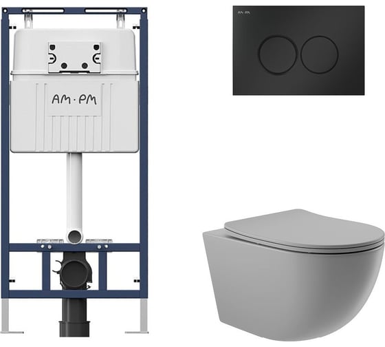 Комплект AM.PM MasterFit инсталляция для подвесного унитаза с клавишей ProC L, мат.черный + Унитаз подвесной 525*360 безободковый, сиденье Soft-Close, серый матовый, форма овал I012710.0138O0130 1
