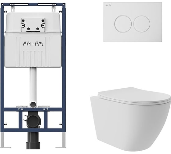 Комплект AM.PM MasterFit инсталляция для подвесного унитаза с клавишей ProC L, бел глянц + Унитаз подвесной Long 520*365 безободковый, Vortex, сиденье Soft-Close, белый матовый, форма овал I012710.0101OV0220 1