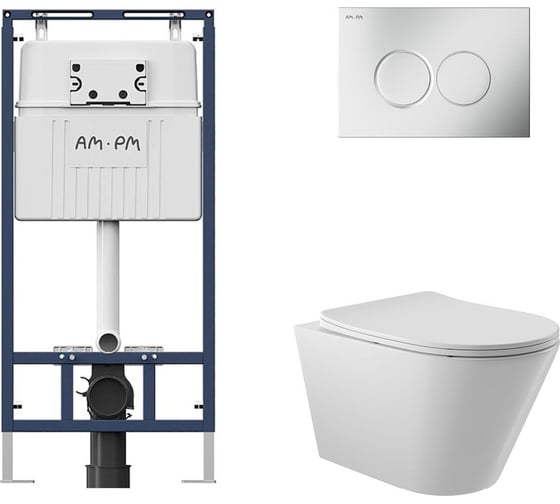 Комплект AM.PM MasterFit инсталляция для подвесного унитаза с клавишей ProC L, мат.хром + Унитаз подвесной 525*360 безободковый, сиденье Soft-Close, белый глянцевый, форма конус I012710.0131C0110 1