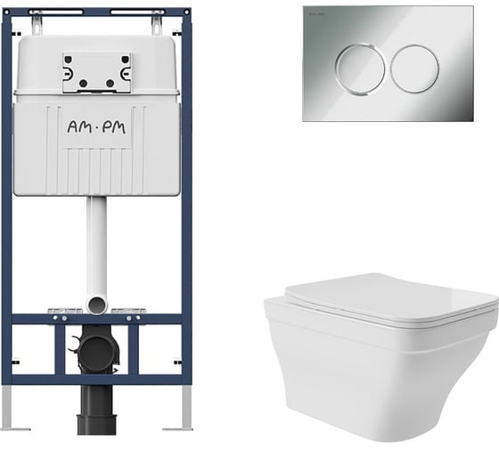 Комплект AM.PM MasterFit инсталляция для подвесного унитаза с клавишей ProC L, хром глянц + Унитаз подвесной 520*370 безободковый, сиденье Soft-Close, белый глянцевый, форма квадрат с выступом I012710.0151E0110 1