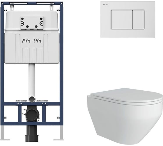 Комплект AM.PM MasterFit инсталляция для подвесного унитаза с клавишей ProC S, бел глянц + FLUIRE 208 Унитаз подвесной безободковый, быстросъёмное сиденье с микролифтом, белый глян. I012710.0201AL.FLU40208.W 1