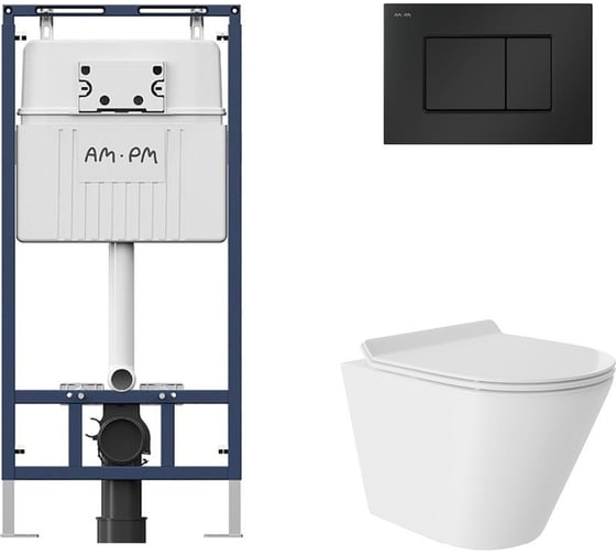 Комплект AM.PM MasterFit инсталляция для подвесного унитаза с клавишей ProC S, мат.черный + Унитаз подвесной 480*360 безободковый, Vortex, сиденье Soft-Close, белый глянцевый, форма конус I012710.0238CV0110 1