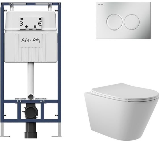 Комплект AM.PM MasterFit инсталляция для подвесного унитаза с клавишей ProC L, мат.хром + Унитаз подвесной 525*360 безободковый, сиденье Soft-Close, белый матовый, форма конус I012710.0131C0120 1