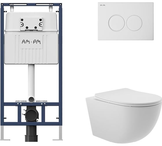 Комплект AM.PM MasterFit инсталляция для подвесного унитаза с клавишей ProC L, бел глянц + Унитаз подвесной 525*360 безободковый, сиденье Soft-Close, белый матовый, форма овал I012710.0101O0120 1