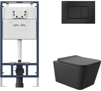 Комплект AM.PM MasterFit инсталляция для подвесного унитаза с клавишей ProC S, мат.черный + Унитаз подвесной 520*370 безободковый, сиденье Soft-Close, черный матовый, форма квадрат I012710.0238Q0140