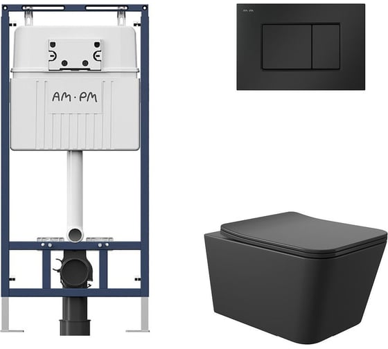 Комплект AM.PM MasterFit инсталляция для подвесного унитаза с клавишей ProC S, мат.черный + Унитаз подвесной 520*370 безободковый, сиденье Soft-Close, черный матовый, форма квадрат I012710.0238Q0140 1