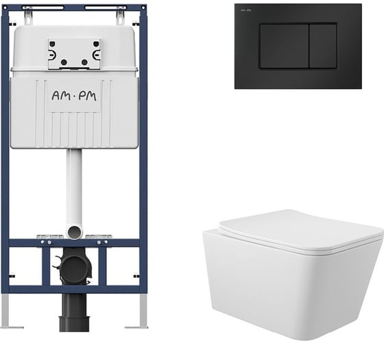 Комплект AM.PM MasterFit инсталляция для подвесного унитаза с клавишей ProC S, мат.черный + Унитаз подвесной 520*370 безободковый, сиденье Soft-Close, белый матовый, форма квадрат I012710.0238Q0120 1