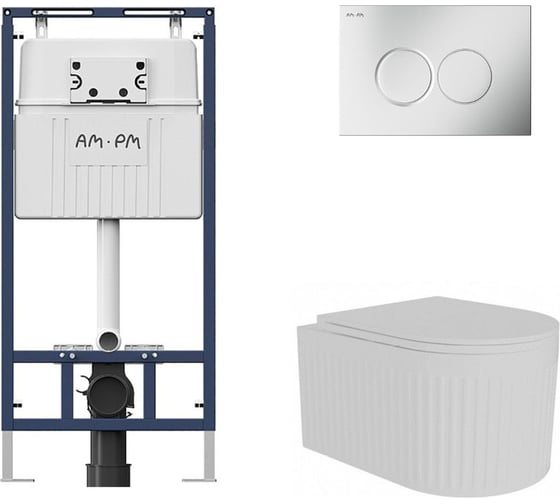 Комплект AM.PM MasterFit инсталляция для подвесного унитаза с клавишей ProC L, мат.хром +  FLUIRE 2101 Vortex Унитаз подвесной безободковый, быстросъёмное сиденье с микролифтом, белый глян. I012710.0131AL.FLU42101.V.W 1