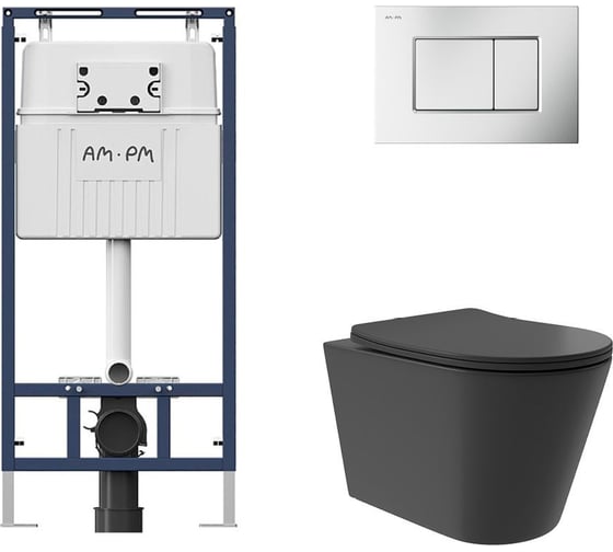 Комплект AM.PM MasterFit инсталляция для подвесного унитаза с клавишей ProC S, мат.хром + Унитаз подвесной Long 520*365 безободковый, Vortex, сиденье Soft-Close, черный матовый, форма конус I012710.0231CV0240 1