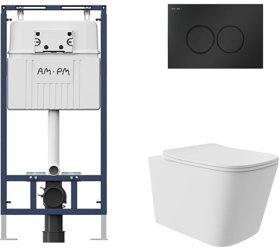 Комплект AM.PM MasterFit инсталляция для подвесного унитаза с клавишей ProC L, мат.черный + Унитаз подвесной Long 525*345 безободковый, Vortex, сиденье Soft-Close, белый матовый, форма квадрат I012710.0138QV0220 1