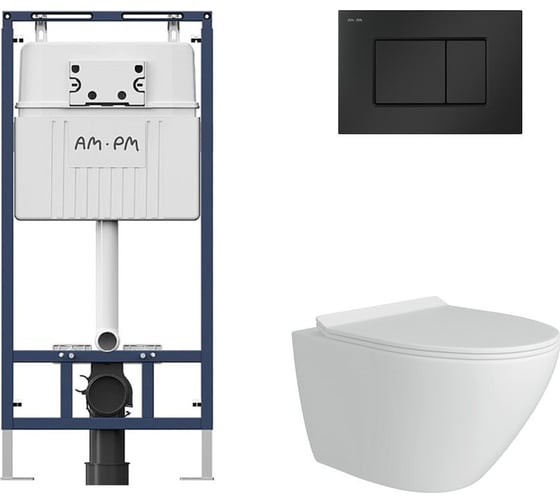 Комплект AM.PM MasterFit инсталляция для подвесного унитаза с клавишей ProC S, мат.черный + FLUIRE Унитаз подвесной безободковый, быстросъёмное сиденье с микролифтом, белый глян. I012710.0238AL.FLU40106.W 1