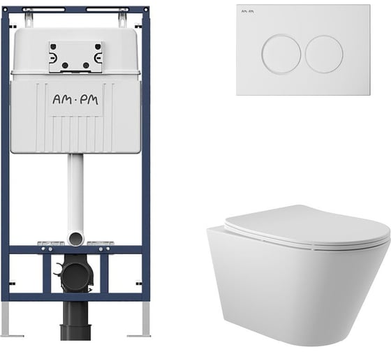 Комплект AM.PM MasterFit инсталляция для подвесного унитаза с клавишей ProC L, бел глянц + Унитаз подвесной 525*360 безободковый, сиденье Soft-Close, белый матовый, форма конус I012710.0101C0120 1