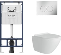 Комплект AM.PM MasterFit инсталляция для подвесного унитаза с клавишей ProC L, мат.хром +  FLUIRE Унитаз подвесной безободковый, быстросъёмное сиденье с микролифтом, белый глян. I012710.0131AL.FLU40106.W