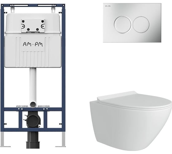 Комплект AM.PM MasterFit инсталляция для подвесного унитаза с клавишей ProC L, мат.хром +  FLUIRE Унитаз подвесной безободковый, быстросъёмное сиденье с микролифтом, белый глян. I012710.0131AL.FLU40106.W 1