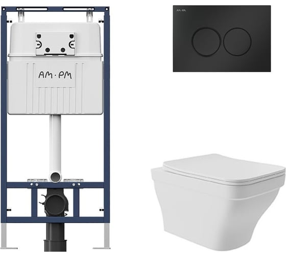 Комплект AM.PM MasterFit инсталляция для подвесного унитаза с клавишей ProC L, мат.черный + Унитаз подвесной 520*370 безободковый, сиденье Soft-Close, белый матовый, форма квадрат с выступом I012710.0138E0120 1