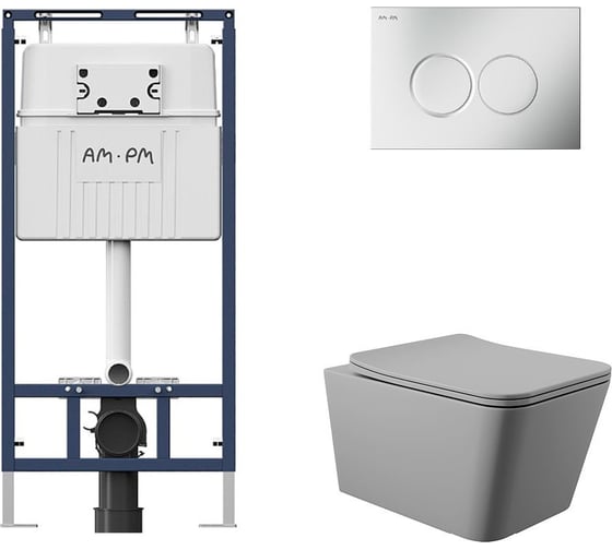 Комплект AM.PM MasterFit инсталляция для подвесного унитаза с клавишей ProC L, мат.хром + Унитаз подвесной 520*370 безободковый, сиденье Soft-Close, серый матовый, форма квадрат I012710.0131Q0130 1
