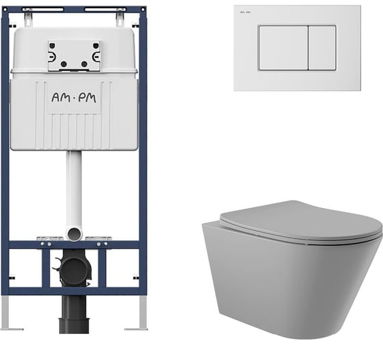 Комплект AM.PM MasterFit инсталляция для подвесного унитаза с клавишей ProC S, бел глянц + Унитаз подвесной 525*360 безободковый, сиденье Soft-Close, серый матовый, форма конус I012710.0201C0130 1