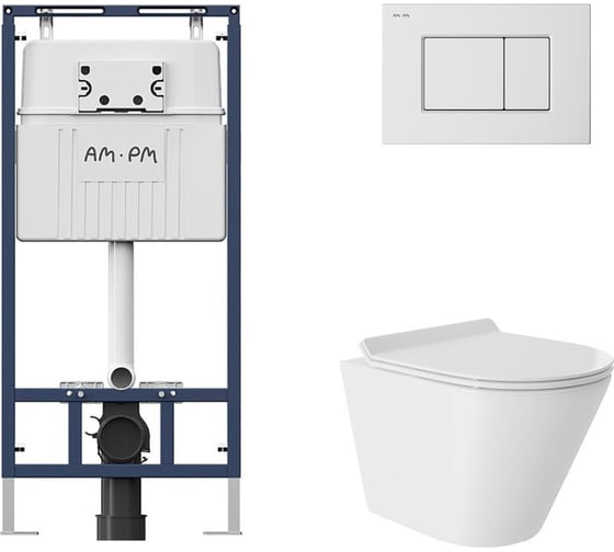 Комплект AM.PM MasterFit инсталляция для подвесного унитаза с клавишей ProC S, бел глянц + Унитаз подвесной 480*360 безободковый, Vortex, сиденье Soft-Close, белый глянцевый, форма конус I012710.0201CV0110 1