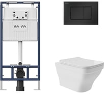 Комплект AM.PM MasterFit инсталляция для подвесного унитаза с клавишей ProC S, мат.черный + Унитаз подвесной 520*370 безободковый, сиденье Soft-Close, белый глянцевый, форма квадрат с выступом I012710.0238E0110