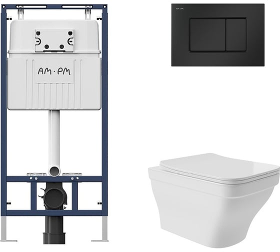 Комплект AM.PM MasterFit инсталляция для подвесного унитаза с клавишей ProC S, мат.черный + Унитаз подвесной 520*370 безободковый, сиденье Soft-Close, белый глянцевый, форма квадрат с выступом I012710.0238E0110 1