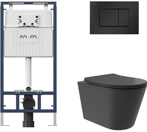 Комплект AM.PM MasterFit инсталляция для подвесного унитаза с клавишей ProC S, мат.черный + Унитаз подвесной Long 520*365 безободковый, Vortex, сиденье Soft-Close, черный матовый, форма конус I012710.0238CV0240 1