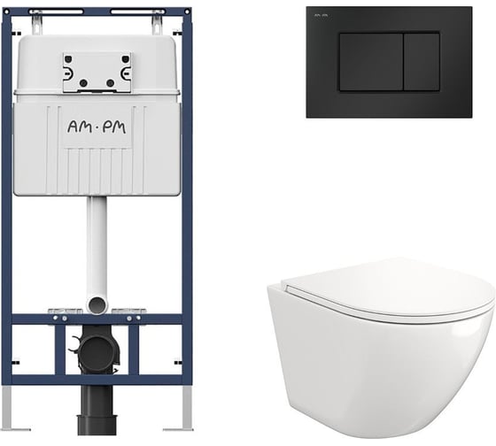 Комплект AM.PM MasterFit инсталляция для подвесного унитаза с клавишей ProC S, мат.черный +  FLUIRE 110 Vortex Унитаз подвесной безободковый, быстросъёмное сиденье с микролифтом, белый глян. I012710.0238AL.FLU40110.V.W 1