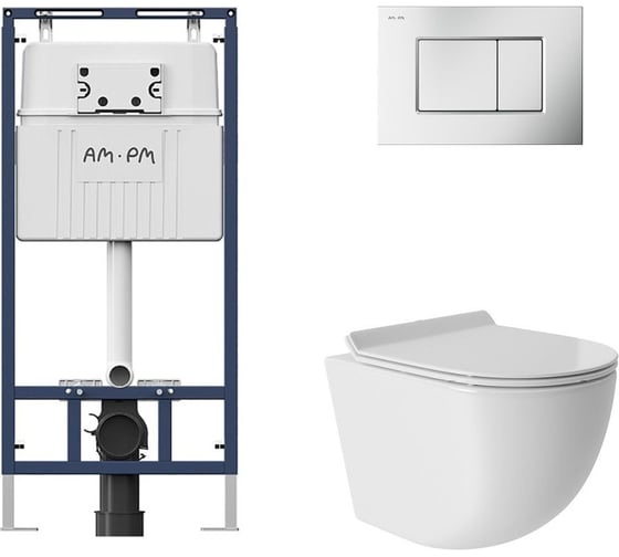 Комплект AM.PM MasterFit инсталляция для подвесного унитаза с клавишей ProC S, мат.хром + Унитаз подвесной 480*360 безободковый, Vortex, сиденье Soft-Close, белый глянцевый, форма овал I012710.0231OV0110 1