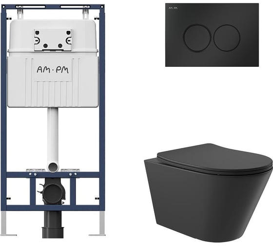 Комплект AM.PM MasterFit инсталляция для подвесного унитаза с клавишей ProC L, мат.черный + Унитаз подвесной 525*360 безободковый, сиденье Soft-Close, черный матовый, форма конус I012710.0138C0140 1