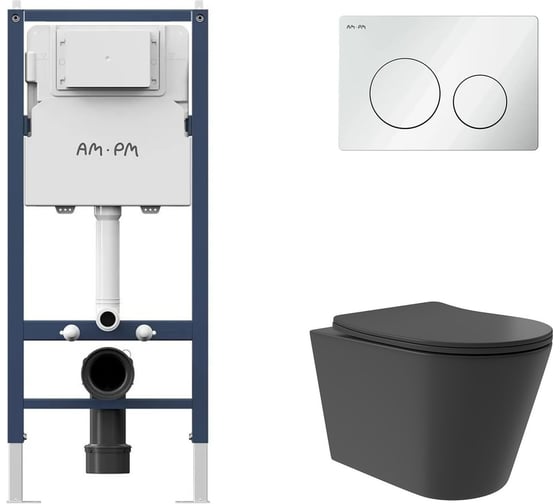 Комплект AM.PM Инсталляция I012709.0101 кл. PrimeFit L, б/гл + Унитаз подвесной Long 520*365 безободковый, Vortex, сиденье Soft-Close, черный матовый, форма конус I012709.0101CV0240 1