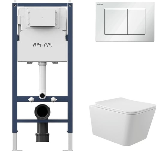 Комплект AM.PM PrimeFit инсталляция для подвесного унитаза с клавишей PrimeFit S, белый глянц + унитаз подвесной Long 525x345 безободковый, Vortex, сиденье Soft-Close, белый глянцевый, форма квадрат I012709.0201QV2110 1
