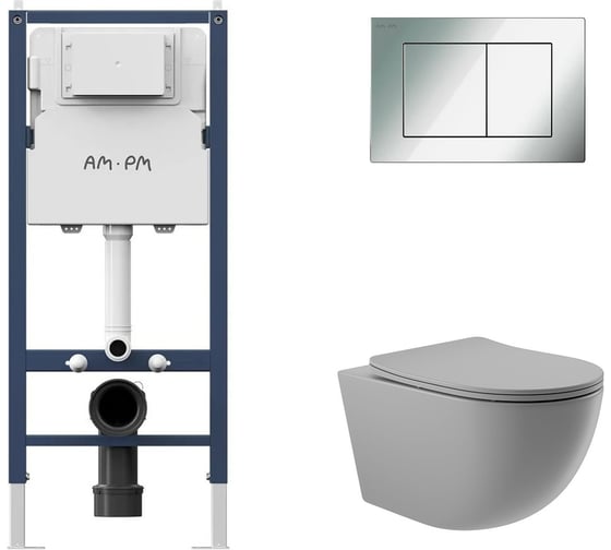 Комплект AM.PM PrimeFit инсталляция для подвесного унитаза с клавишей PrimeFit S, хром глянц + унитаз подвесной 525x360 безободковый, сиденье Soft-Close, серый матовый, форма овал I012709.0251O0130 1