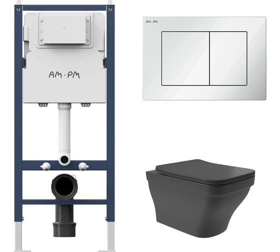 Комплект AM.PM PrimeFit инсталляция для подвесного унитаза с клавишей PrimeFit S, белый глянц + унитаз подвесной 520x370 безободковый, сиденье Soft-Close, черный матовый, форма квадрат с выступом I012709.0201E0140 1