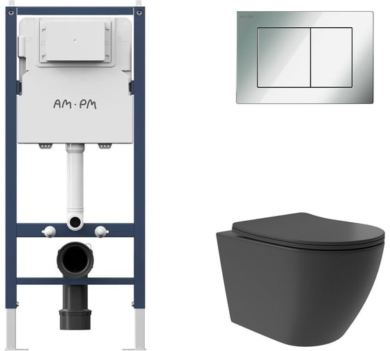 Комплект AM.PM PrimeFit инсталляция для подвесного унитаза с клавишей PrimeFit S, хром глянц + унитаз подвесной Long 520x365 безободковый, Vortex, сиденье Soft-Close, черный матовый, форма овал I012709.0251OV0240 1