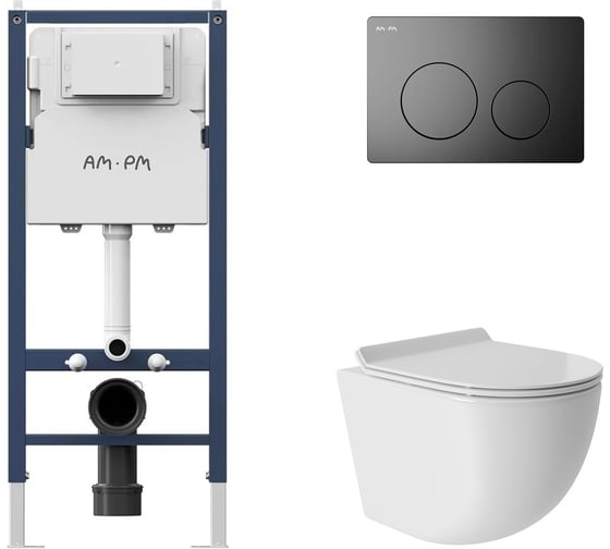 Комплект AM.PM PrimeFit инсталляция для подвесного унитаза с клавишей PrimeFit L, матовый черный + унитаз подвесной 480x360 безободковый, Vortex, сиденье Soft-Close, белый глянцевый, форма овал I012709.0138OV0110 1