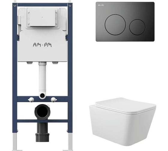 Комплект AM.PM PrimeFit инсталляция для подвесного унитаза с клавишей PrimeFit L, матовый черный + унитаз подвесной Long 525x345 безободковый, Vortex, сиденье Soft-Close, белый глянцевый, форма квадрат I012709.0138QV2110 1