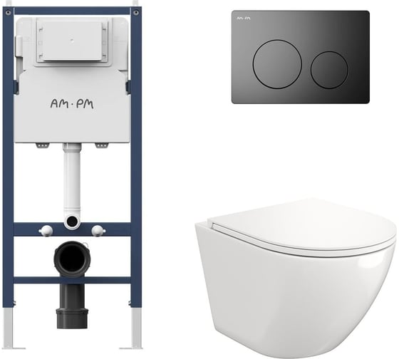 Комплект AM.PM PrimeFit инсталляция для подвесного унитаза с клавишей PrimeFit L, матовый черный + FLUIRE 110 Vortex унитаз подвесной безободковый, быстросъёмное сиденье с микролифтом, белый глян. I012709.0138AL.FLU40110.V.W 1