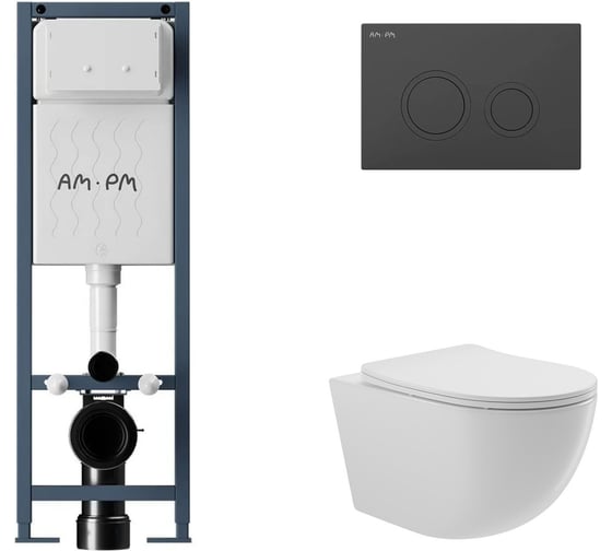 Комплект AM.PM ErgoFit инсталляция для подвесного унитаза с клавишей ErgoFit L пластик, черный матовый + унитаз подвесной 525x360 безободковый, сиденье Soft-Close, белый глянцевый, форма овал I012711.0138O0110 1