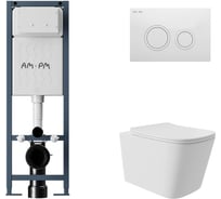 Комплект AM.PM ErgoFit инсталляция для подвесного унитаза с клавишей ErgoFit L пластик, белый глянцевый + унитаз подвесной Long 525x345 безободковый, Vortex, сиденье Soft-Close, белый матовый, форма квадрат I012711.0101QV0220