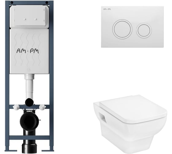 Комплект AM.PM ErgoFit инсталляция для подвесного унитаза с клавишей ErgoFit L пластик, белый глянцевый + CreekTide Q унитаз подвесной 540x360, сиденье с микролифтом, безободковый, белый I012711.0101HGSET001 1