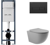 Комплект AM.PM ErgoFit инсталляция для подвесного унитаза с клавишей ErgoFit M пластик, черный матовый + унитаз подвесной 525x360 безободковый, сиденье Soft-Close, серый матовый, форма овал I012711.0338O0130