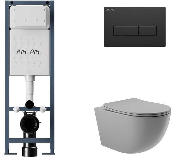 Комплект AM.PM ErgoFit инсталляция для подвесного унитаза с клавишей ErgoFit M пластик, черный матовый + унитаз подвесной 525x360 безободковый, сиденье Soft-Close, серый матовый, форма овал I012711.0338O0130 1