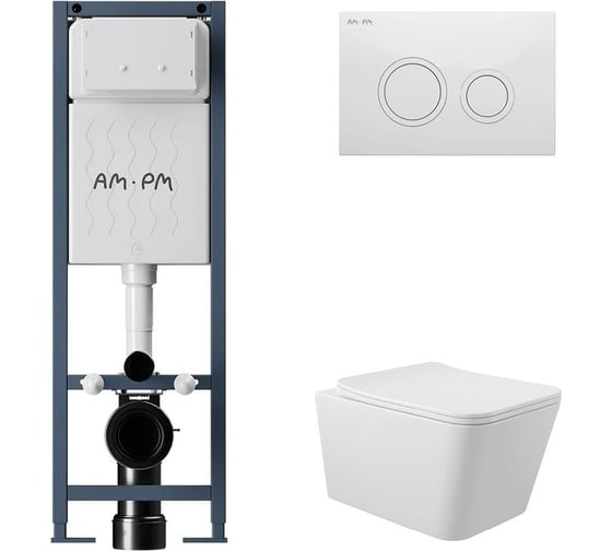 Комплект AM.PM ErgoFit инсталляция для подвесного унитаза с клавишей ErgoFit L пластик, белый глянцевый + унитаз подвесной Long 525x345 безободковый, Vortex, сиденье Soft-Close, белый глянцевый, форма квадрат I012711.0101QV2110 1