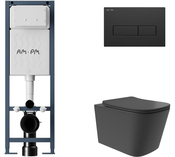 Комплект AM.PM ErgoFit инсталляция для подвесного унитаза с клавишей ErgoFit M пластик, черный матовый + унитаз подвесной Long 525x345 безободковый, Vortex, сиденье Soft-Close, черный матовый, форма квадрат I012711.0338QV0240 1